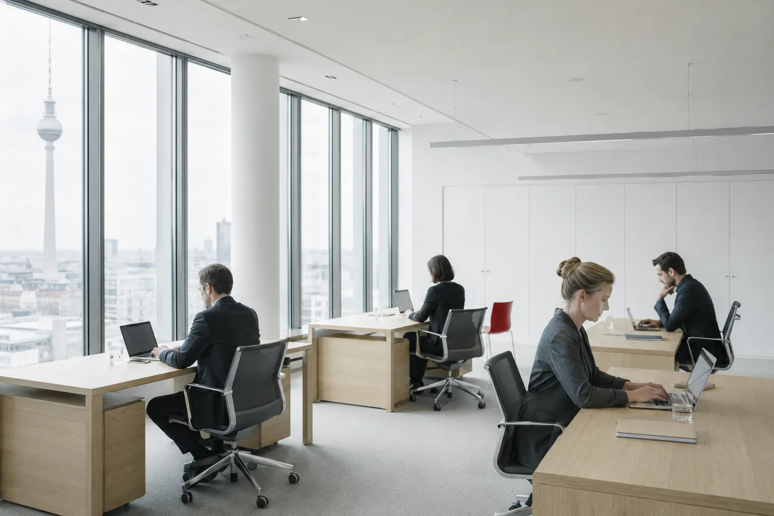 Helles, aufgeräumtes Büro in einem deutschen Büroturm bei bedecktem Tageslicht.